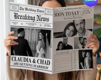 Save The Date Newspaper Template Canva, Wedding Save The Date Announcement Newspaper, The Wedding Post News,  DIY,Text, Canva Editable