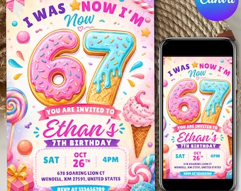 Six Seven Birthday Invitation, I was 6 now I'm 7 Party Invite,  Digital Download, DIY Text,   Canva Editable