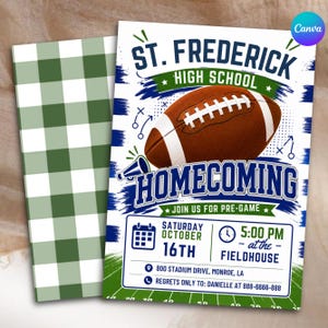 May include: A St. Frederick High School homecoming invitation flyer featuring a brown football, blue and green text, and a green and white gingham pattern. The text includes event details for Saturday, October 16th at 5:00 PM at the fieldhouse.