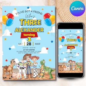 May include: A birthday party invitation with a blue background, featuring the text "YOU'VE GOT A FRIEND Who's THREE ALEXANDER turning 3". Includes cartoon characters and balloons. A smartphone displays the same invitation.