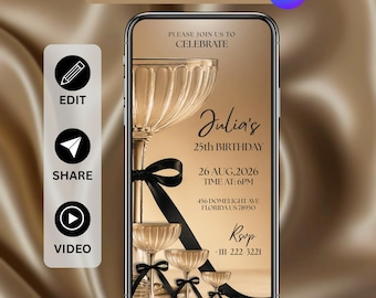 Luxury Cocktail Birthday Animated Invitation, , Champagne Video Invite, Modern Elegant Party Announcement, DIY, Text, Canva Editable