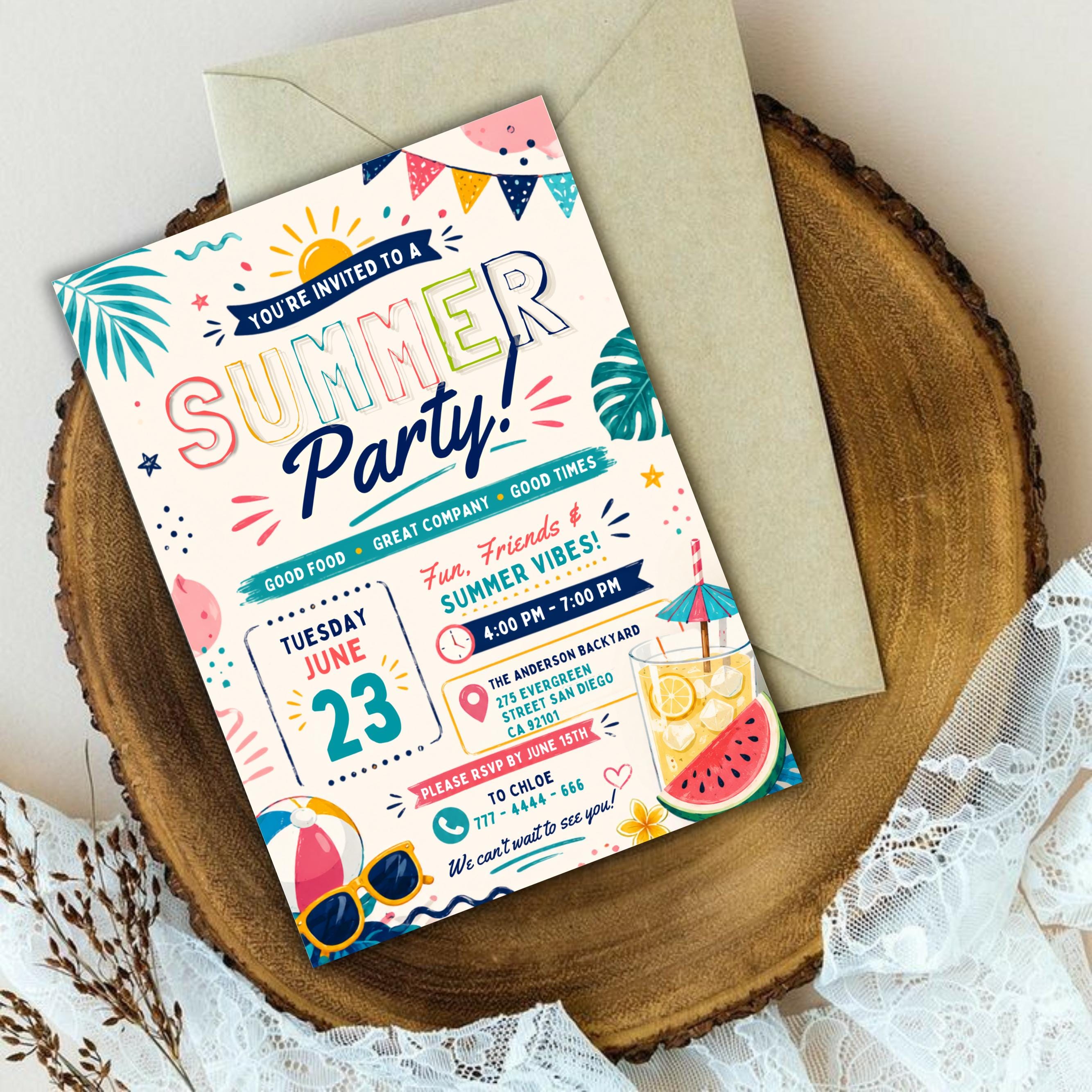 Summer Party Invite Template, Printable Block Party Flyer, Schools Out ...