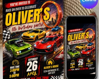 Race Car Birthday Invitation, Speed Car Party Invite, Editable Kids Birthday Template, Printable Party Invitation, DIY Race Canva Editable