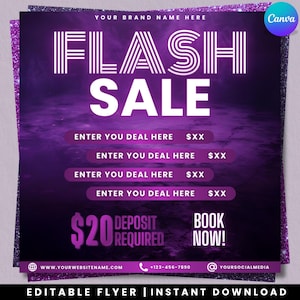 Volantino per offerta lampo, volantino per offerta speciale, prenota ora, volantino neon flash, download digitale fai da te, testo modificabile con Canva