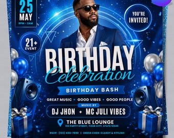 Sjabloon folder blauwe verjaardag bash, uitnodiging voor mannenfeest, poster clubevenement, digitale verjaardag Evite, digitale download Canva bewerkbaar