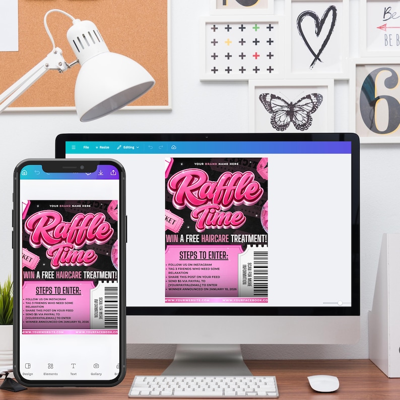 Editable Raffle Time flyer promoting a free hair care treatment giveaway. Features steps to enter, including following on Instagram, tagging friends, sharing a post, and sending a PayPal payment. Customizable Canva template for easy updates, instant digital download
