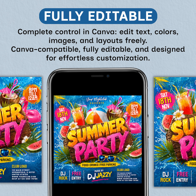 Summer Party Flyer, Beach Party flyer,  Design, Pool Party Invite, Summer Break Party Flyer, Summer Event Flyer, DIY, Text Canva Editable
