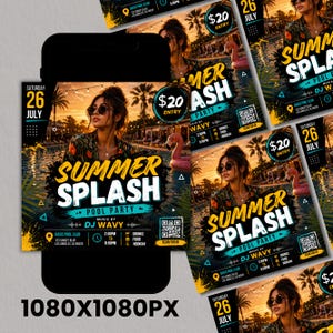 Summer Splash Pool Party Flyer, DJ Beach Event flyer, Pool Party Invite Flyer Summer Break, DIY, Text, Canva Editable