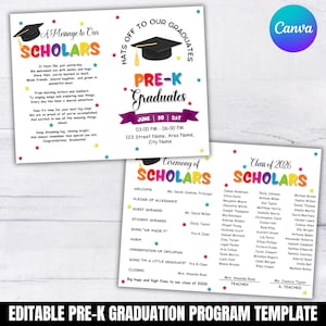 Puede incluir: Una plantilla de programa de graduación blanca con texto colorido, birretes de graduación y detalles de estrellas. El texto incluye A Message to Our Scholars, Hats Off to Our Graduates, Pre-K Graduates, Ceremony of Scholars y Class of 2026.