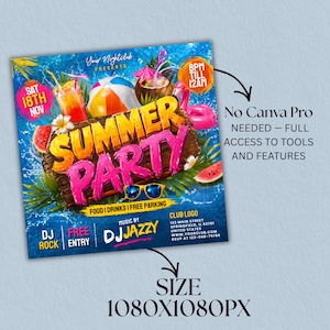 Summer Party Flyer, Beach Party flyer,  Design, Pool Party Invite, Summer Break Party Flyer, Summer Event Flyer, DIY, Text Canva Editable