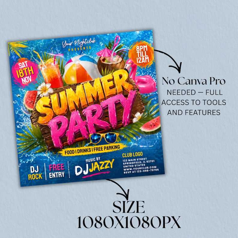 Summer Party Flyer, Beach Party flyer,  Design, Pool Party Invite, Summer Break Party Flyer, Summer Event Flyer, DIY, Text Canva Editable