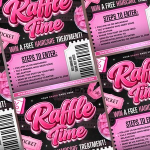 Editable Raffle Time flyer promoting a free hair care treatment giveaway. Features steps to enter, including following on Instagram, tagging friends, sharing a post, and sending a PayPal payment. Customizable Canva template for easy updates, instant digital download