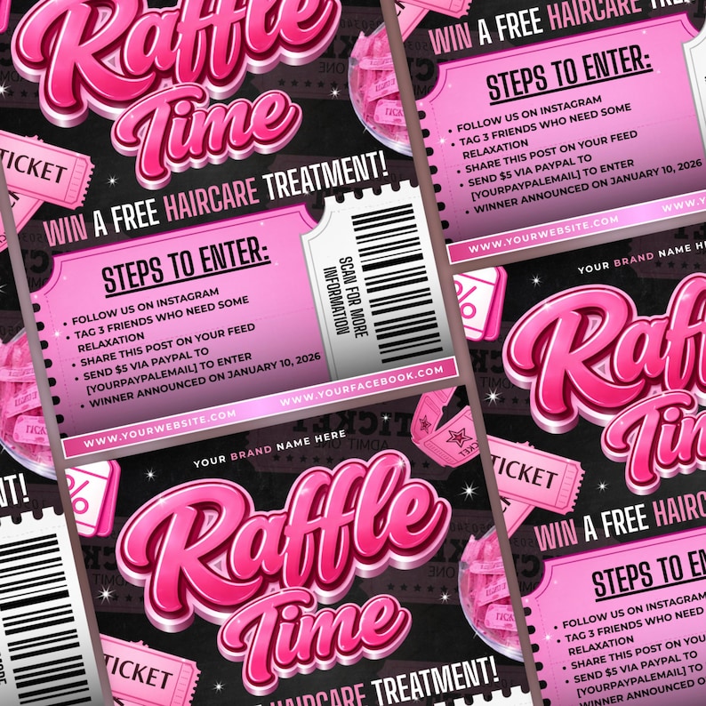 Editable Raffle Time flyer promoting a free hair care treatment giveaway. Features steps to enter, including following on Instagram, tagging friends, sharing a post, and sending a PayPal payment. Customizable Canva template for easy updates, instant digital download