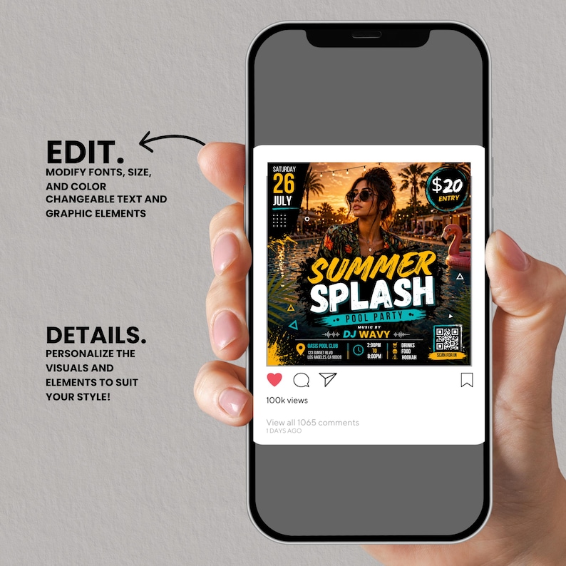 Summer Splash Pool Party Flyer, DJ Beach Event flyer, Pool Party Invite Flyer Summer Break, DIY, Text, Canva Editable