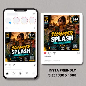 Summer Splash Pool Party Flyer, DJ Beach Event flyer, Pool Party Invite Flyer Summer Break, DIY, Text, Canva Editable