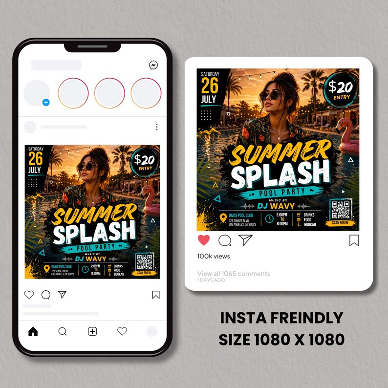 Summer Splash Pool Party Flyer, DJ Beach Event flyer, Pool Party Invite Flyer Summer Break, DIY, Text, Canva Editable
