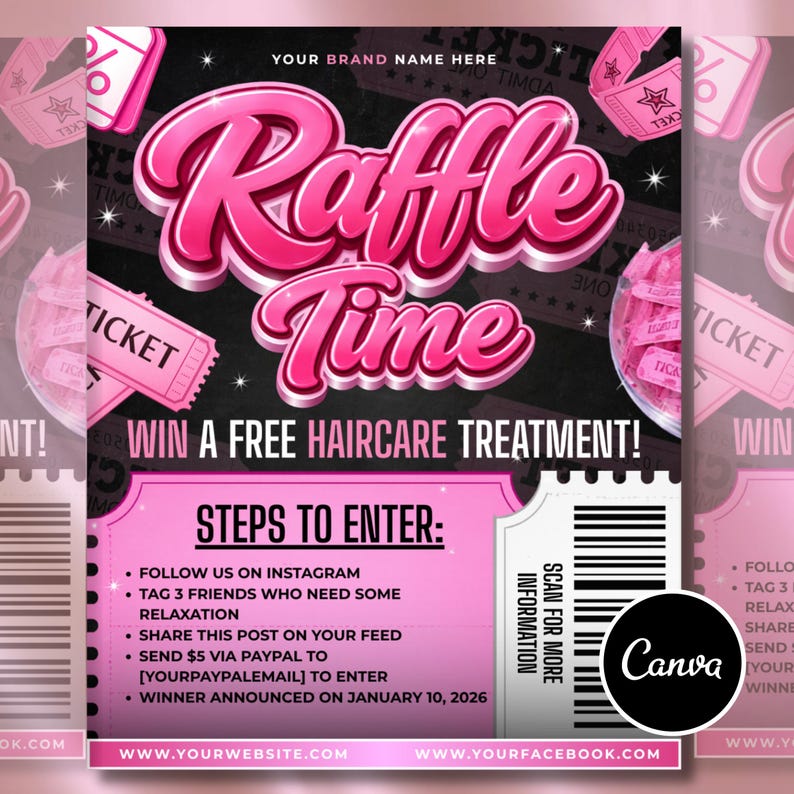 Editable Raffle Time flyer promoting a free hair care treatment giveaway. Features steps to enter, including following on Instagram, tagging friends, sharing a post, and sending a PayPal payment. Customizable Canva template for easy updates, instant digital download