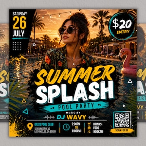 Summer Splash Pool Party Flyer, DJ Beach Event flyer, Pool Party Invite Flyer Summer Break, DIY, Text, Canva Editable
