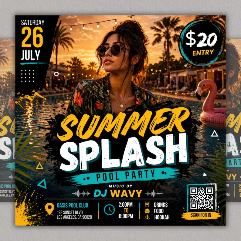 Summer Splash Pool Party Flyer, DJ Beach Event flyer, Pool Party Invite Flyer Summer Break, DIY, Text, Canva Editable