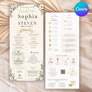 Könnte beinhalten: Zwei vertikale Hochzeitskarten mit cremefarbenem Hintergrund und goldenen sowie dunkelgrünen floralen Akzenten. Die linke Karte listet die Hochzeitsgesellschaft, den Zeremonienablauf und den Ort auf. Die rechte Karte zeigt einen Zeitplan, Datum und Fakten.