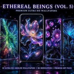 May include: A digital collection titled ETHEREAL BEINGS (VOL. 5) PREMIUM ULTRA-HD WALLPAPERS featuring six vertical smartphone screens displaying vibrant, glowing floral and cosmic art in shades of purple, blue, and green against a dark background.