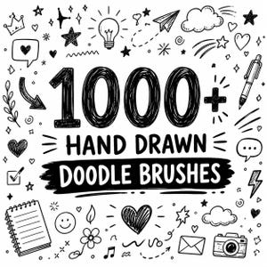 May include: A black and white graphic featuring the text 1000+ HAND DRAWN DOODLE BRUSHES. The design is surrounded by various hand-drawn sketches including stars, hearts, a lightbulb, a paper airplane, a pen, a notebook, a camera, and clouds.
