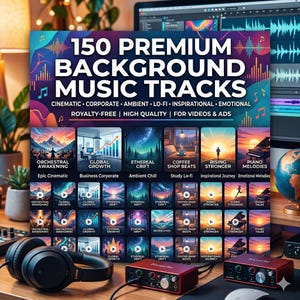 May include: A promotional image for 150 premium background music tracks. The image features a colorful graphic with text, including "150 Premium Background Music Tracks." The image also shows various album art examples, headphones, and audio equipment.