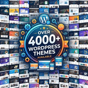 Puede incluir: Imagen promocional que muestra una variedad de dise&ntilde;os de sitios web. El gr&aacute;fico central dice "OVER 4000+ WORDPRESS THEMES AVAILABLE" con el logotipo de WordPress. Varios dise&ntilde;os de sitios web se muestran en el fondo, junto con dispositivos digitales.