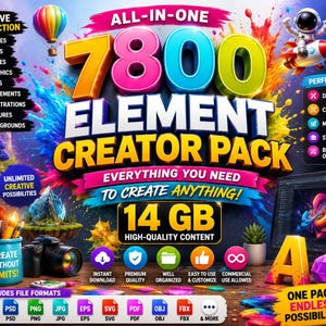 May include: A digital design asset bundle titled 7800 ELEMENT CREATOR PACK featuring 14 GB of high-quality content. The graphic includes a colorful explosion of paint, an astronaut on a rocket, a hot air balloon, and various file format icons.