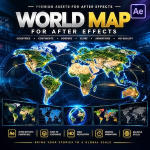 Op de afbeelding: Een digitale afbeelding getiteld World Map for After Effects met een gloeiende, gedetailleerde wereldkaart met onderling verbonden lijnen. Het ontwerp bevat tekstlabels voor landen, continenten, grenzen, globe en animaties, met vijf kleinere kaartvarianten eronder.
