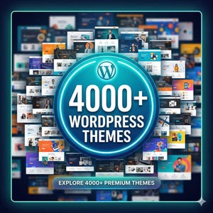 Puede incluir: Imagen promocional con dise&ntilde;os de sitios web. Un gran c&iacute;rculo azul con el logotipo de WordPress y el texto "4000+ WORDPRESS THEMES" domina el centro. El texto "EXPLORE 4000+ PREMIUM THEMES" est&aacute; en la parte inferior.