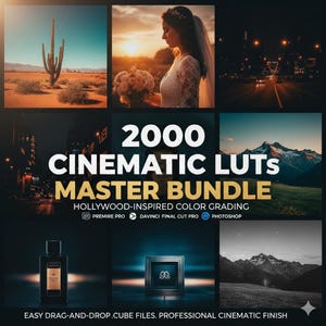 May include: A promotional image featuring a collection of cinematic LUTs. The text reads "2000 Cinematic LUTs Master Bundle" with supporting text. The image includes landscape and portrait photos, and software logos.