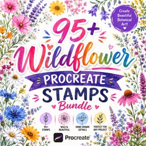 Puede incluir: Un gráfico digital con el texto 95+ Wildflower PROCREATE STAMPS Bundle rodeado de coloridas ilustraciones en acuarela de varias flores silvestres. Un círculo morado en la esquina contiene el texto Create Beautiful Botanical Art!