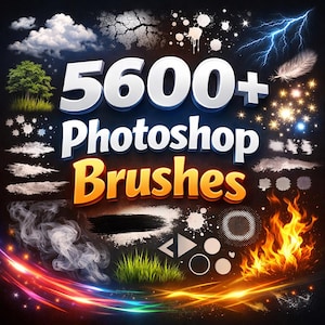 May include: A digital graphic with the text "5600+ Photoshop Brushes" in white and orange. The image features various digital art elements, including clouds, lightning, fire, and grass, all set against a dark background.