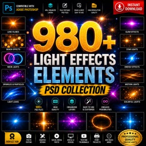 980+ Light Effects Elements Collection PSD Bundle  Lens Flares, Glows, Bokeh, Neon Lights & Photoshop Overlays