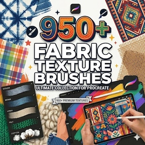 May include: An advertisement for digital fabric texture brushes. The image displays the text "950+ FABRIC TEXTURE BRUSHES" and examples of fabric textures, including woven, denim, linen, felt, and cotton. A tablet shows a colorful design.