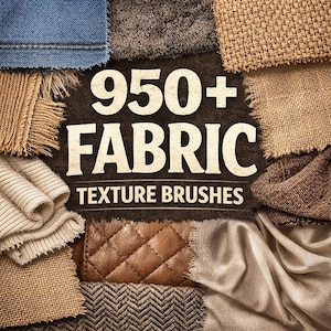 以下が含まれることがあります： デニム、ジュート、サテンなど、さまざまな生地の見本が「950+ FABRIC TEXTURE BRUSHES」というテキストを囲んでいます。生地は色や質感が異なり、デザイン目的のさまざまな素材を紹介しています。