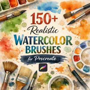 Może przedstawiać: Artystyczna kompozycja z pędzlami akwarelowymi, paletami farb i rozpryskami farby. Centralny tekst brzmi "150+ Realistic Watercolor Brushes for Procreate". Widoczne jest również logo aplikacji Procreate. Paleta kolorów obejmuje odcienie czerwieni, pomarańczy, zieleni i niebieskiego.