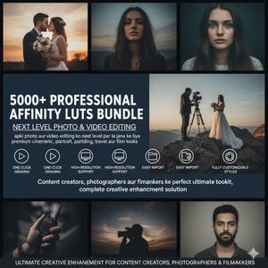 Peut inclure: Image promotionnelle pour un ensemble de LUT Affinity professionnelles. Le texte central annonce "5000+ PROFESSIONAL AFFINITY LUTS BUNDLE" pour l'&eacute;dition photo et vid&eacute;o. L'image comprend des photos d'un couple, d'une femme et d'un vid&eacute;aste.
