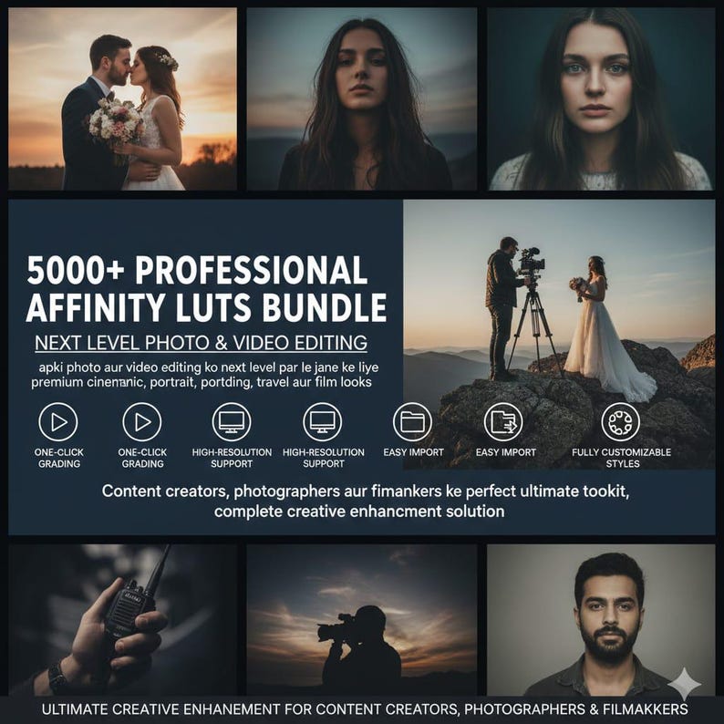 Peut inclure: Image promotionnelle pour un ensemble de LUT Affinity professionnelles. Le texte central annonce "5000+ PROFESSIONAL AFFINITY LUTS BUNDLE" pour l'&eacute;dition photo et vid&eacute;o. L'image comprend des photos d'un couple, d'une femme et d'un vid&eacute;aste.