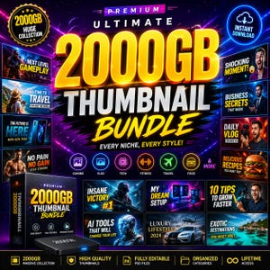 Può includere: Annuncio di un prodotto digitale con un design vibrante. L'immagine presenta il testo "2000GB Thumbnail Bundle" in grandi lettere gialle, insieme a vari esempi di miniature e icone che rappresentano diverse nicchie.