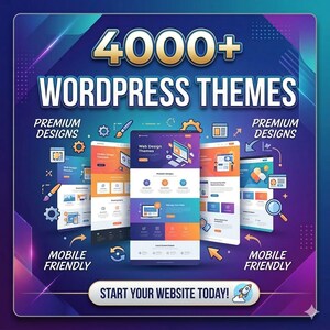 Puede incluir: Un gr&aacute;fico promocional con un fondo degradado azul oscuro y morado. El texto dice "4000+ WORDPRESS THEMES" en blanco y dorado. La imagen muestra temas de dise&ntilde;o web con el texto "Web Design Themes" y "Start Your Website Today!"