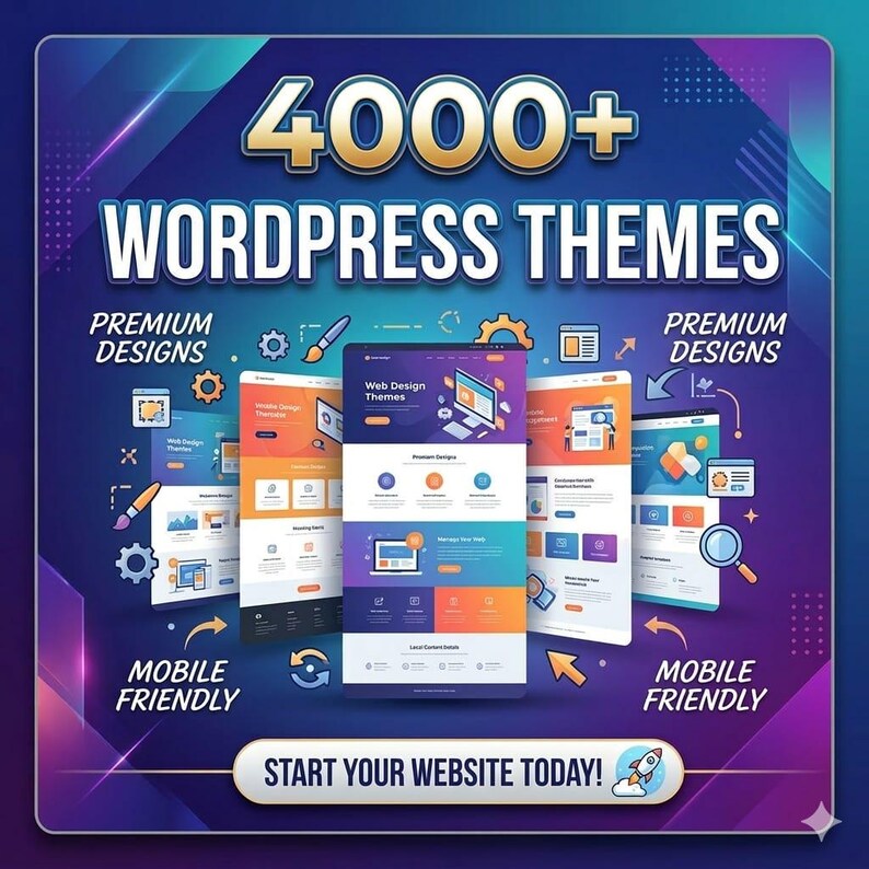 Puede incluir: Un gr&aacute;fico promocional con un fondo degradado azul oscuro y morado. El texto dice "4000+ WORDPRESS THEMES" en blanco y dorado. La imagen muestra temas de dise&ntilde;o web con el texto "Web Design Themes" y "Start Your Website Today!"
