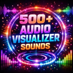 May include: A vibrant digital graphic with the text "500+ AUDIO VISUALIZER SOUNDS" in a glowing, multi-colored design. The image features concentric circles and sound wave visualizations in a dark background with bright neon colors.