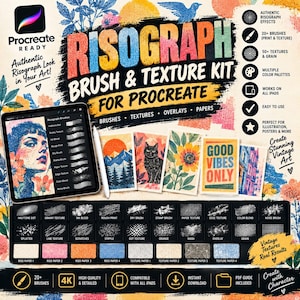 May include: A digital brush and texture kit for Procreate featuring risograph effects. The display shows a tablet with a brush menu, five sample illustrations, and a grid of brush and paper texture swatches with labels like Halftone Dot, Ink Bleed, and Riso Paper.