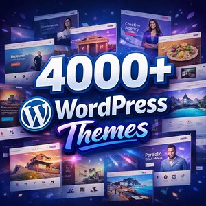 Puede incluir: Imagen promocional de temas de WordPress, con el logotipo de WordPress y el texto "4000+ WordPress Themes". La imagen muestra varias maquetas de sitios web con diferentes dise&ntilde;os y temas, incluyendo negocios, agencia creativa y comercio electr&oacute;nico.
