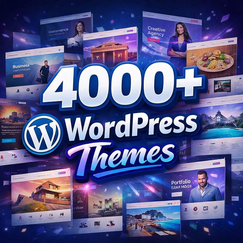 Puede incluir: Imagen promocional de temas de WordPress, con el logotipo de WordPress y el texto "4000+ WordPress Themes". La imagen muestra varias maquetas de sitios web con diferentes dise&ntilde;os y temas, incluyendo negocios, agencia creativa y comercio electr&oacute;nico.