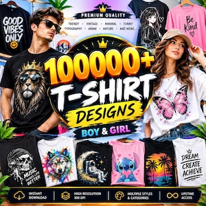 Könnte beinhalten: Eine digitale Sammlung von über 100.000 T-Shirt-Designs mit verschiedenen grafischen Drucken, darunter ein Löwe mit Krone, ein rosa Schmetterling, ein Totenkopf mit Kopfhörern, ein bunter Wolf, ein Astronaut auf dem Mond und Palmen.