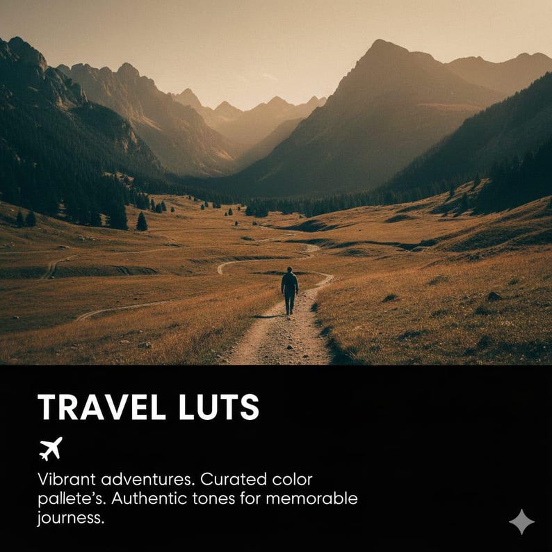 Peut inclure: Paysage de montagne avec une personne marchant sur un sentier. L'image pr&eacute;sente une palette de couleurs chaudes. Le texte "TRAVEL LUTS" et la l&eacute;gende : "Aventures vibrantes. Palette de couleurs s&eacute;lectionn&eacute;es. Tons authentiques pour des journ&eacute;es m&eacute;morables."