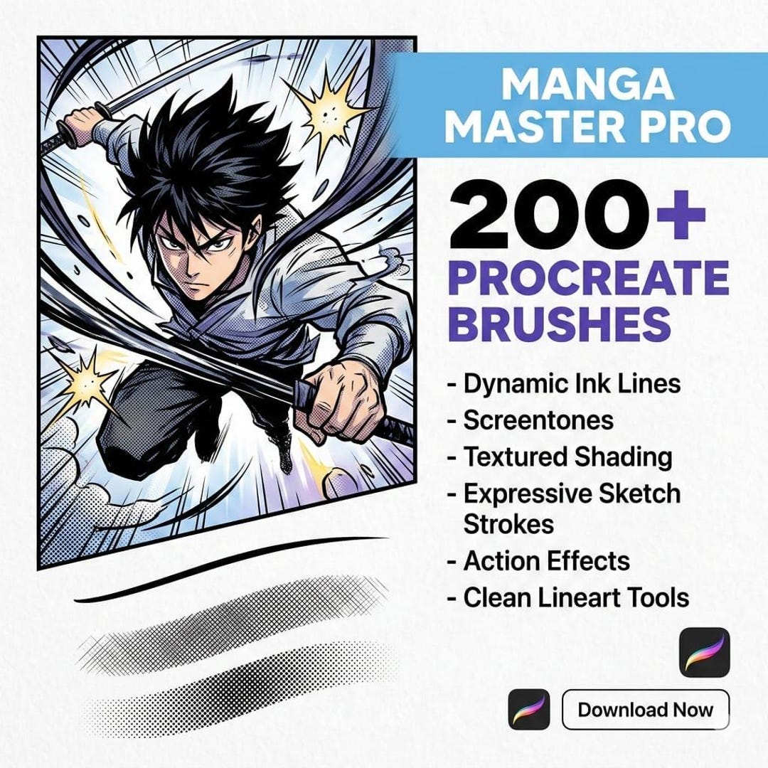 200+ Manga Procreate Brushes Bundle – Professional Anime Comic Inking ...